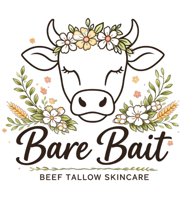 Logo of Bare Bait beef tallow skincare with a cow face and floral decorations on a white background.